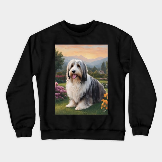 Cute Bearded Collie In Garden Art Painting Crewneck Sweatshirt by vanityvibes